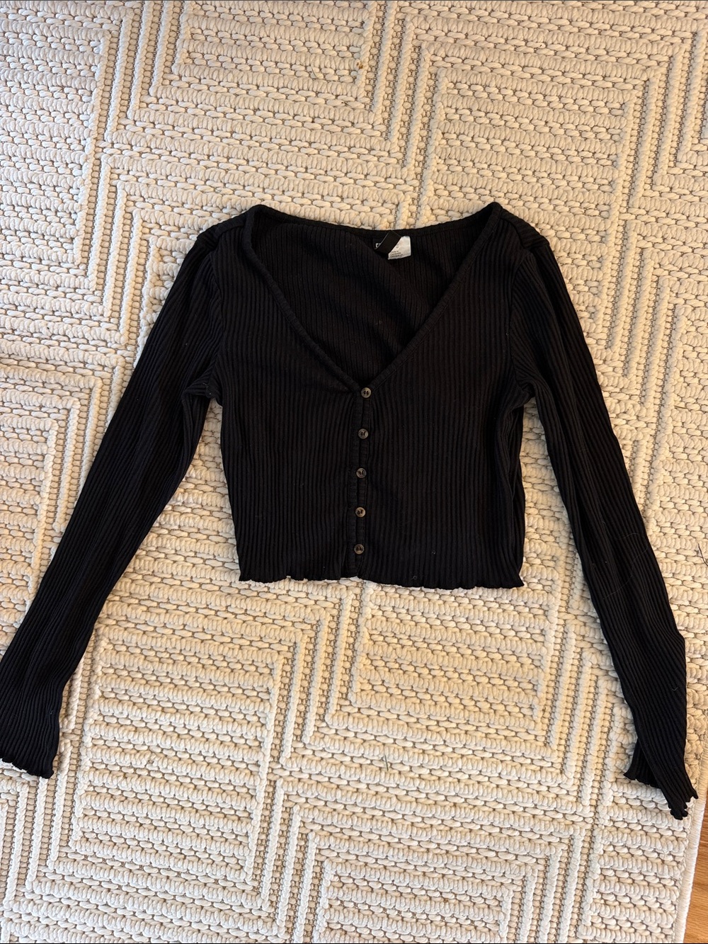 Divided Black Ribbed V-Neck Button-Front Long Sleeve Top